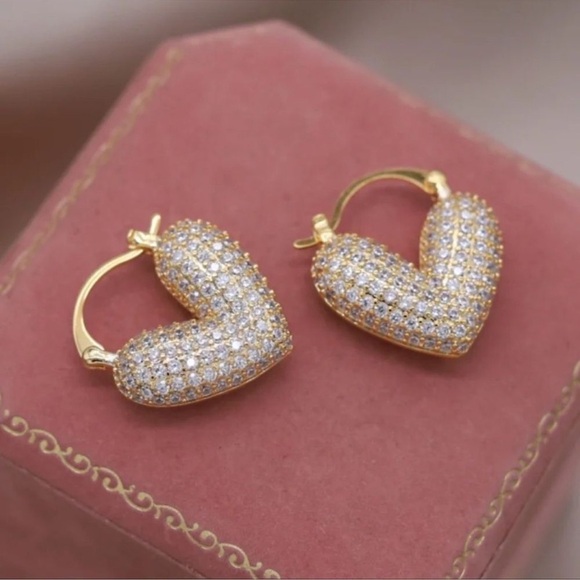 Anthropologie Crystal Heart 18K Gold Plated Stainless Steel Waterproof Earrings - Picture 7 of 14